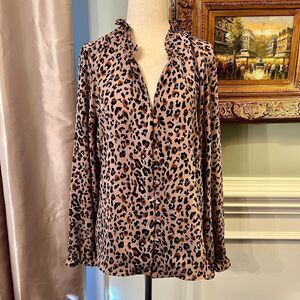 NWOT J.Crew Factory Leopard Print Ruffle Neck Crepe Blouse Shirt Top Size MEDIUM